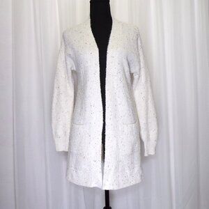 Chloe + Jasmine Open Front Cardigan Sweater Womens Small White Speckled Pockets